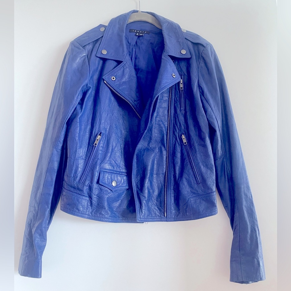 Theory cobalt blue leather jacket $185. Size M